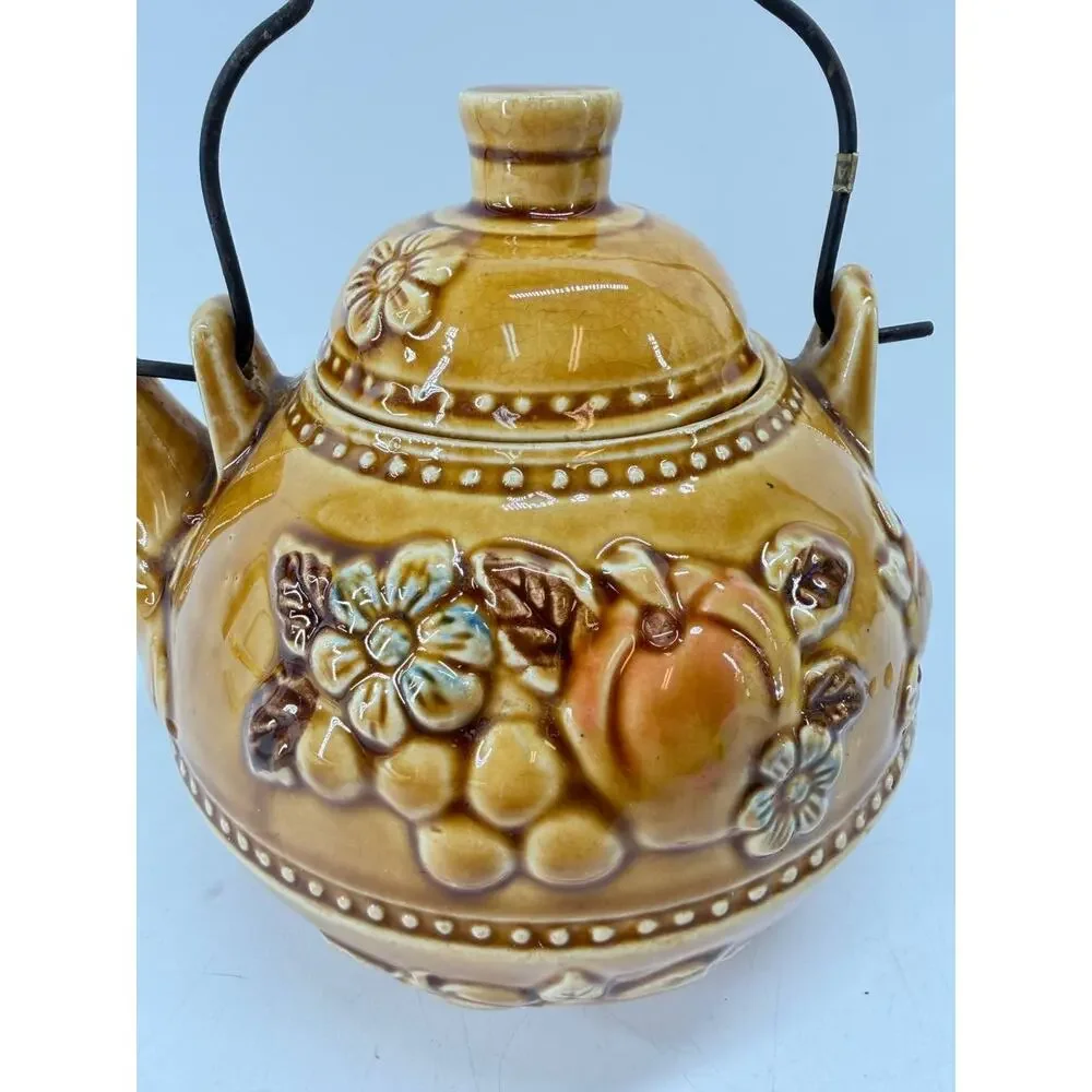 Vintage Brown Ceramic Teapot w Metal Handle Embossed Fruit Floral Rustic Decor